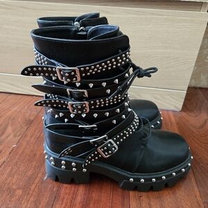Azalea Wang Studded Buckles Black Ankle Boots